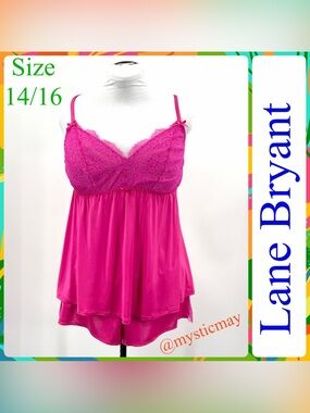 NEW Cacique LANE BRYANT Hot Pink Lace Babydoll Nightie w Panties Set Size 14/16
